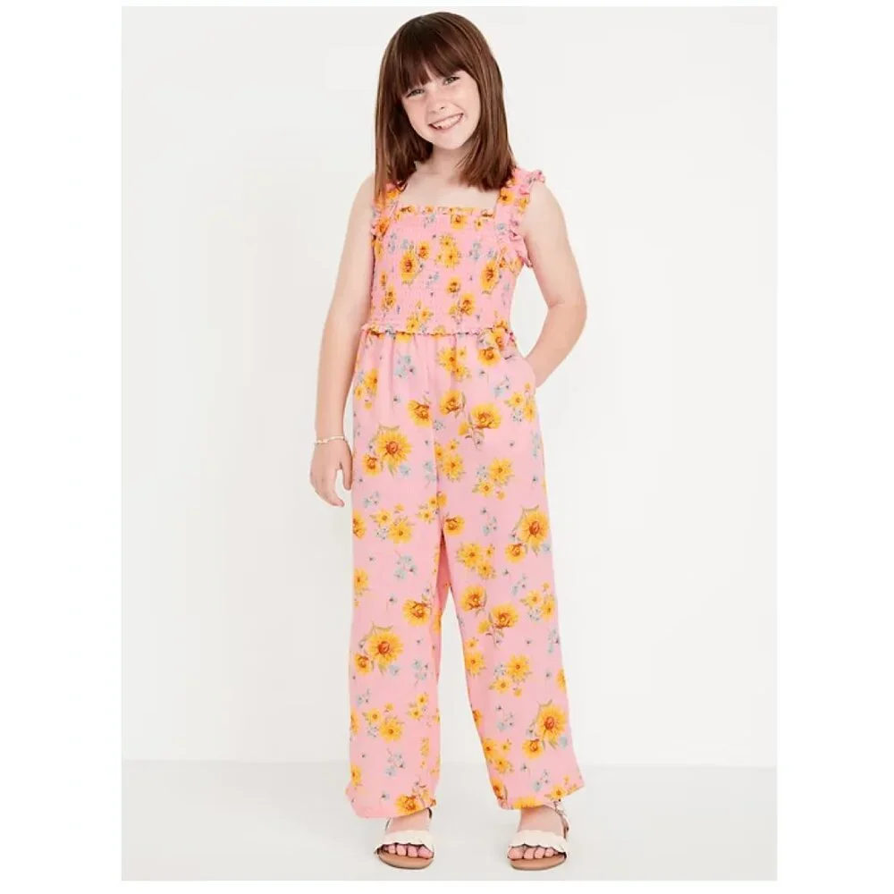 Old Navy Girls Sleeveless Smocked Ruffle-Trim Jumpsuit Pink Sunflower Romper NWT